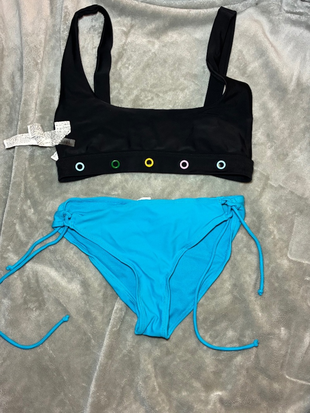 Black Bikini Top, Teal Bikini Bottoms